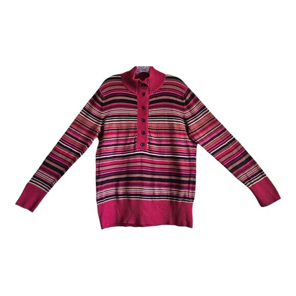 EDDIE BAUER Women's XL Sweater 1/2 Buttons Striped Cranberry Multicolor Bust 42" - Picture 1 of 7